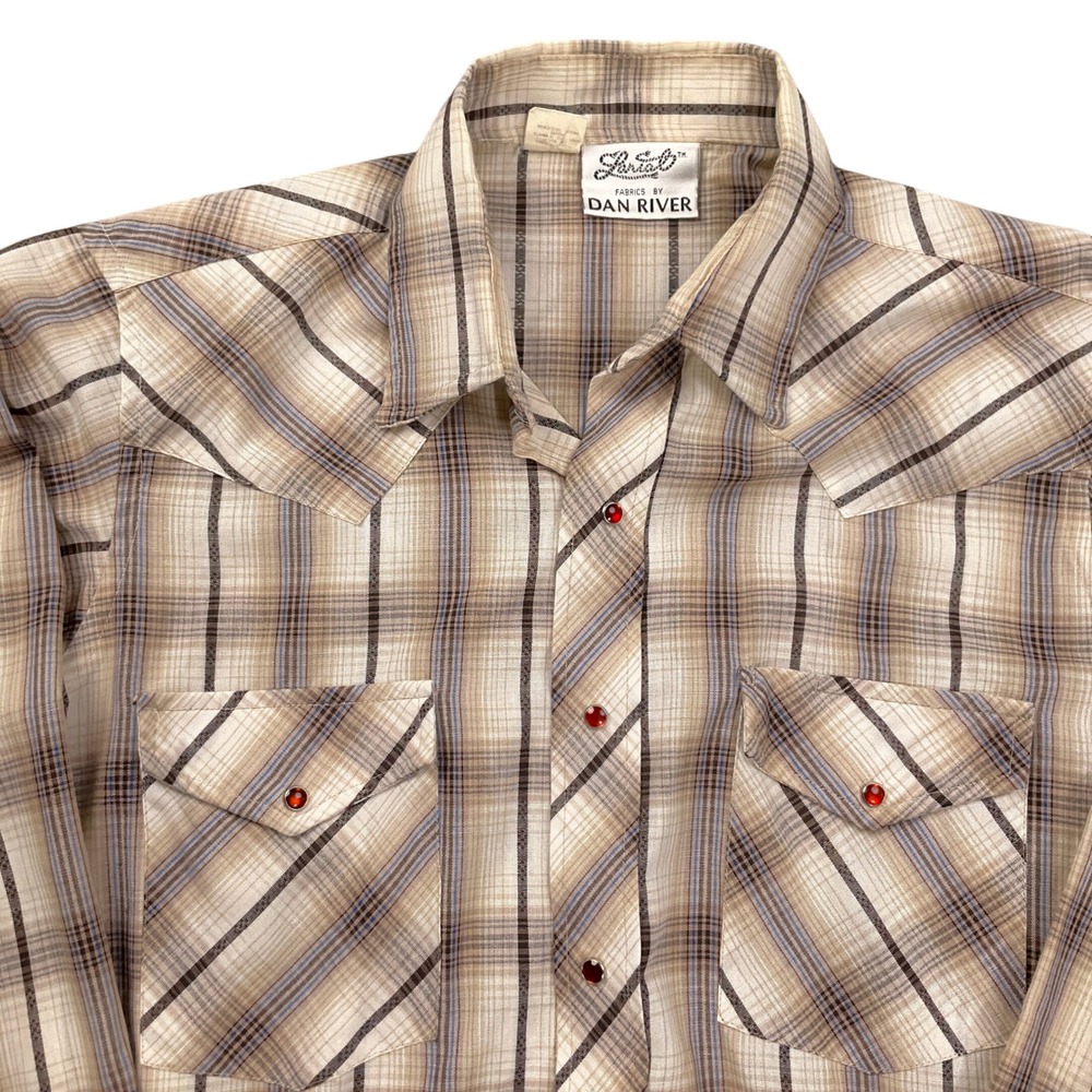 Lariat Dan River Shirt Mens 15.5 33 Tan Brown‎ Plaid Western Snap Rockabilly USA
